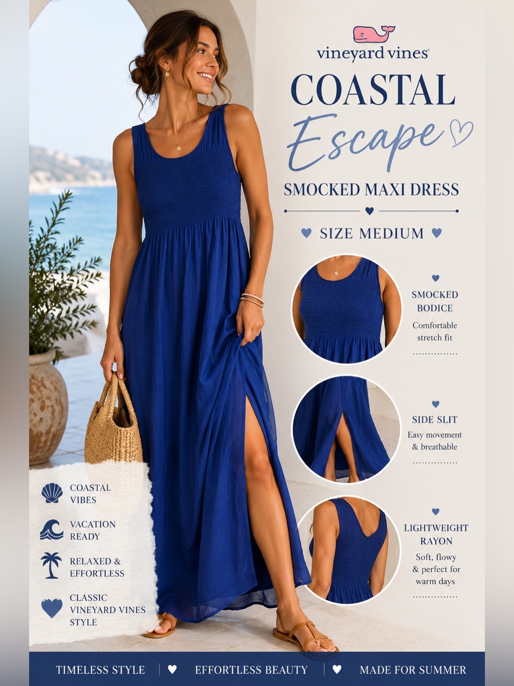 Vineyard Vines Blue Smocked Maxi Dress Sleeveless Rayon Flowy Boho Coastal M